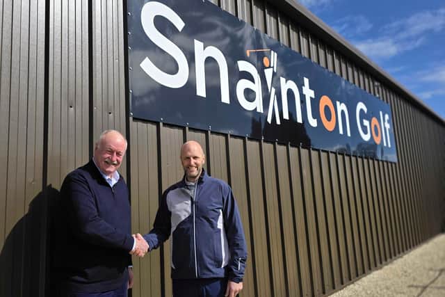 Scarborough Athletic chairman Trevor Bull, left, and owner of new home shirt sponsors Snainton Golf John Hinchliffe.