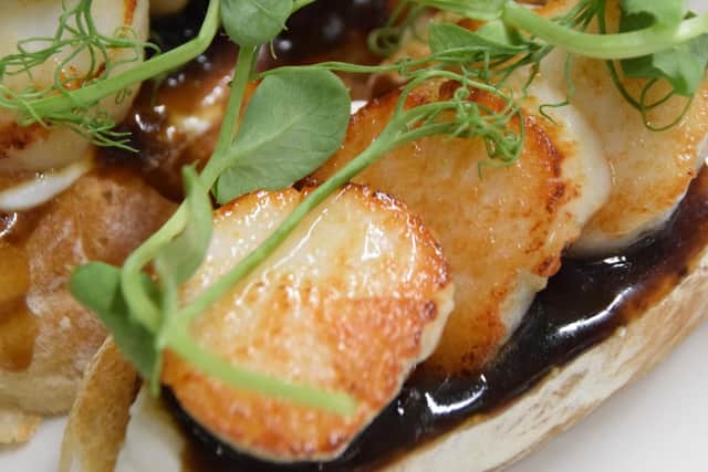 The Magpie Cafe, Whitby, recipe of the week - scallops with goats curd and bacon jam.