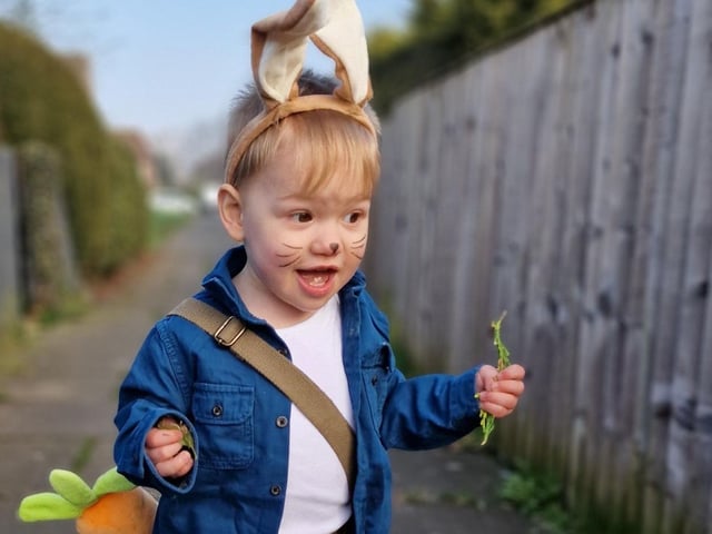 Oakley hopping along as Peter Rabbit.