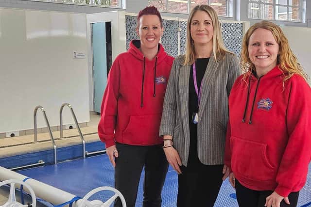 Laura Exton, centre, Braeburn Primary and Nursery Academy’s school business partner with Claire Prior-Mckie, left and Lindsey Prior-Mckie at the refurbished swimming pool.