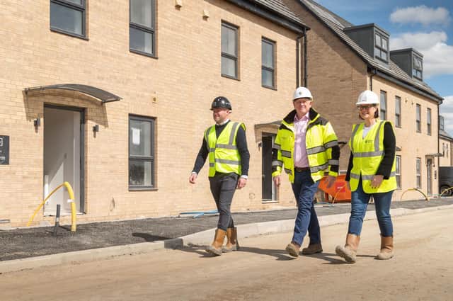 (L to R) Rob Larkin, Strata, Vicky Jowett, Yorkshire Housing and David Blakey, Summers-Inman review progress on Yorkshire Housing’s Minster Way development.