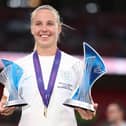 Whitby's Beth Mead, of England Lionesses, is awarded with the Top Goalscorer and Player of the Tournament awards after the Euro 2022 final. 
Photo by Naomi Baker/Getty Images
