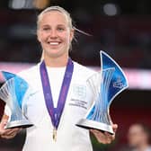Whitby's Beth Mead, of England Lionesses, is awarded with the Top Goalscorer and Player of the Tournament awards after the Euro 2022 final. 
Photo by Naomi Baker/Getty Images