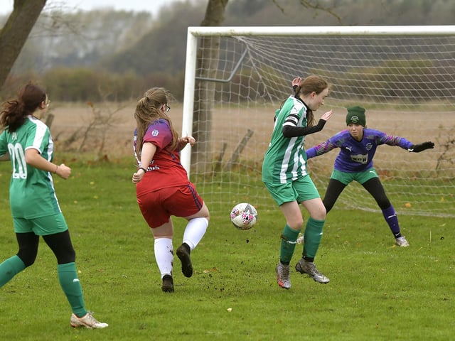 Ellie-Mae Bloomfield fires her shot past the Grasshoppers keeper to make it 2-0 to the home side