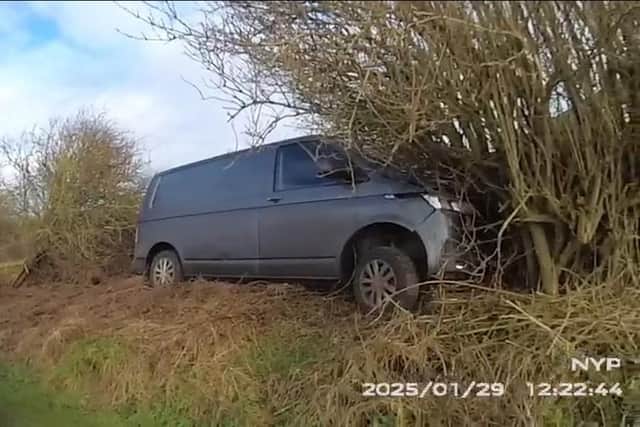Jennings finally came to a stop when he crashed his van into a hedge on a sharp bend