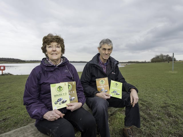 Wakefield Way - Anglers Country Park, Wintersett, Wakefield, England - Christine Stack with Derek Lowery and their Wakefield Way walking maps.