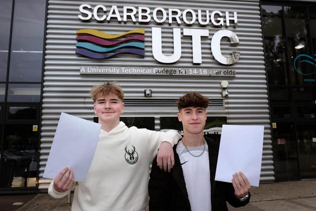 Alex and Ryan from Scarborough UTC celebrating their results. Photo: Richard Ponter.