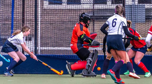 Whitby Ladies net their goal in the 5-1 home loss to Whitley Bay. PHOTOS BY BRIAN MURFIELD