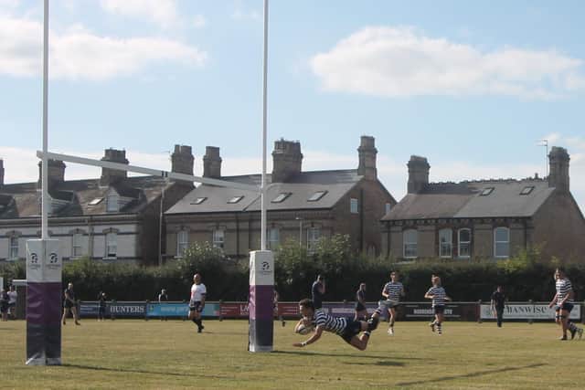 Pocklington RUFC's Rob Boddy flies in for the second of his two tries. PHOTOS BY PHIL GILBANK