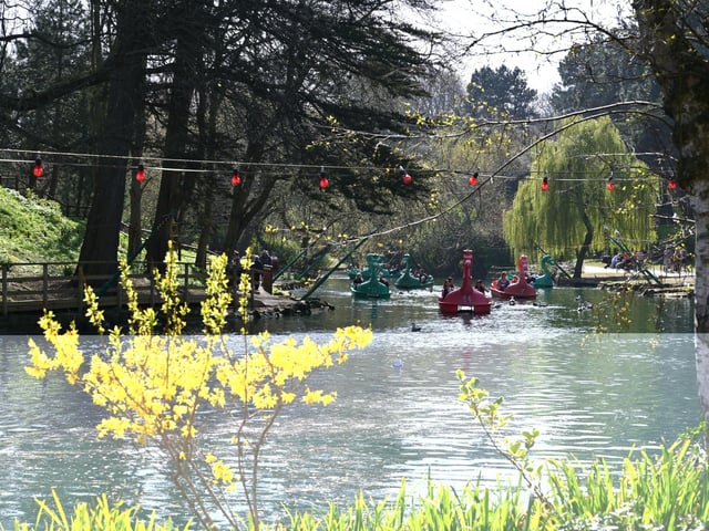 Sun sparkling on Peasholm Lake.