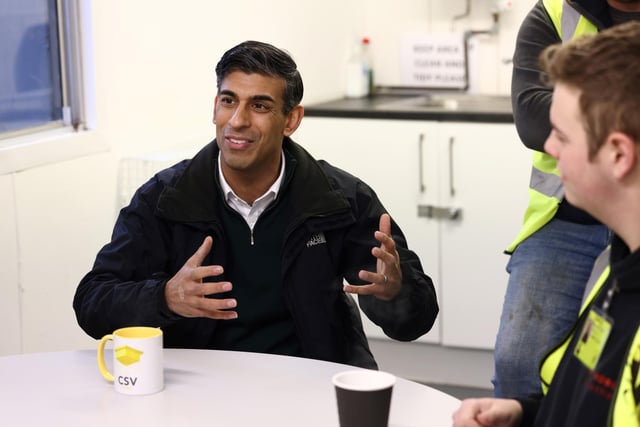 Prime Minister Rishi Sunak speaks to construction trainees during his visit. Picture by Darren Staples-WPA Pool/Getty Images.