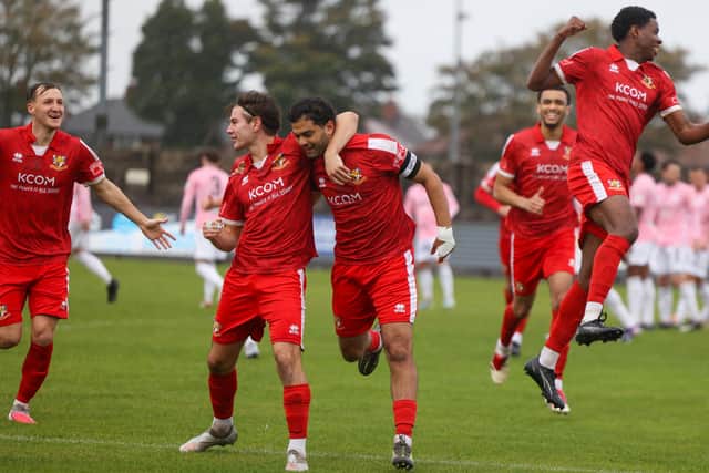 Town players celebrate Ahmed Salam's opening goal. Pic: Ewan Cameron