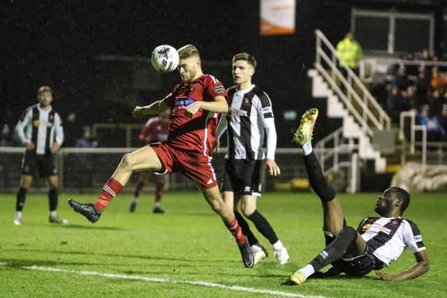Striker Aidan Rutledge in action for Scarborough Athletic at Spennymoor. PHOTOS BY ZACH FORSTER