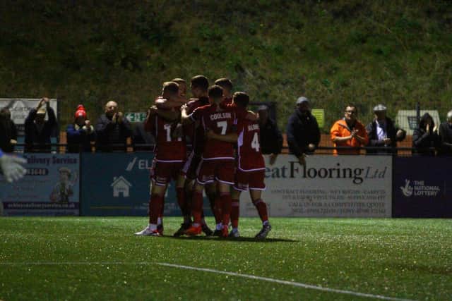Boro celebrate a goal during their FA Cup replay win at home to Farsley Celtic. PHOTO BY ZACH FORSTER