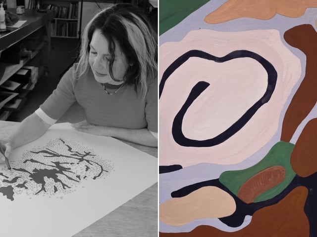 Jess is an emerging artist printmaker exploring the impact of water and ice on our landscape. Combining screenprint, woodcut and monoprint with diverse media such as collage, gouache and acrylic ink, her work draws from organic patterns and shapes in mapped topography of the National Park. In contrast, she finds and records beauty and meaning in the ephemeral ice patterns found in bodies of water and glass in winter.
