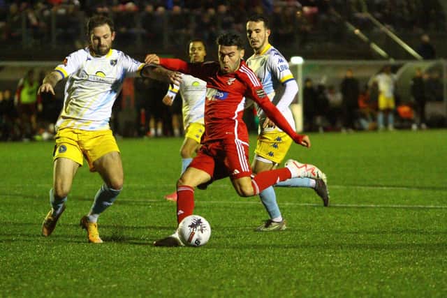Fin Barnes marked his return to Boro on loan from York with a first-minute goal at Bishop's Stortford. PHOTO BY ZACH FORSTER