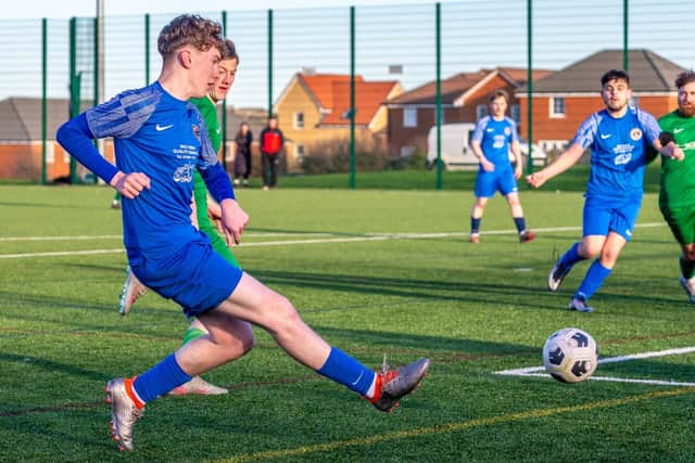 Ewan Locker scored the third goal for the Fishermen's Society Development side in their 6-4 home win against Slingsby on Saturday. Photo by Brian Murfield