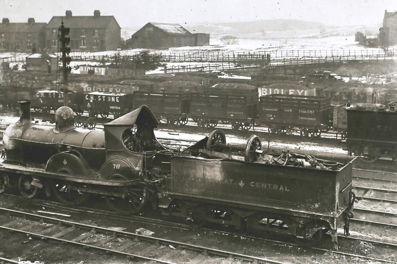A damaged engine of the Great Central Railway after the disaster at Woodhouse near Sheffield in February 1908. Just after midnight on Saturday 29th, a rear end collision occurred between two engines on the Great Central Railway between Woodhouse East and West Junctions.