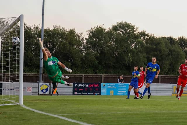Ben Tweed's free-kick beats the Garforth keeper in Friday's FA Trophy clash. Photo by EC Media