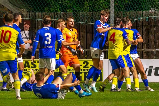 A flashpoint during the FA Cup replay between Whitby Town and Mossley. PHOTOS BY BRIAN MURFIELD