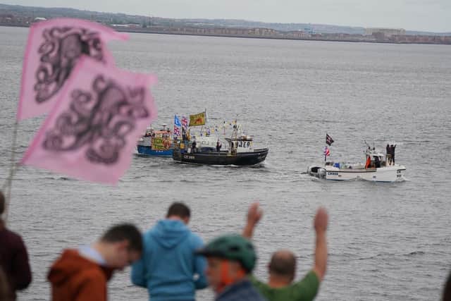 Fishing crews stage a protest in Teesport, Middlesbrough, near the mouth of the River Tees, demanding a new investigation into the mass deaths of crabs and lobsters in the area in May 2022