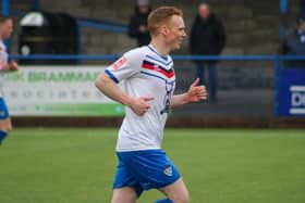 Debutant Michael Woods scored the crucial second goal late on as Whitby Town earned a crucial win at rivals Leek Town on Saturday. Photo by Owen Cox
