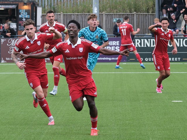 Mo Fadera celebrates scoring for Boro against Southport. Photo by Richard Ponter
