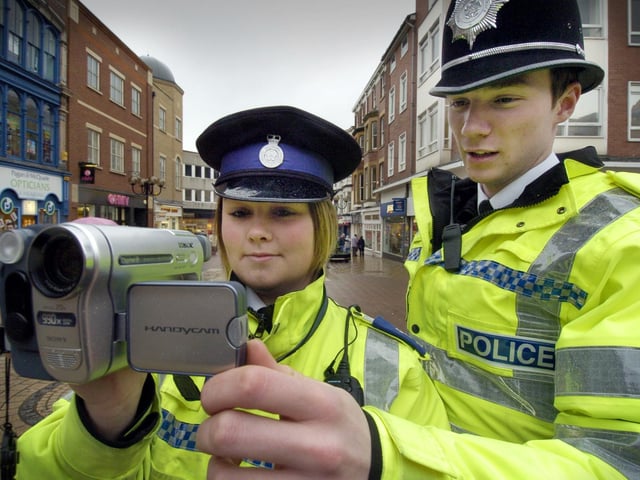 Scarborough Police have new video cameras which will be used by patrols in the town centre. Pictured PCSO Faye Connor and PC Tim Wilson.