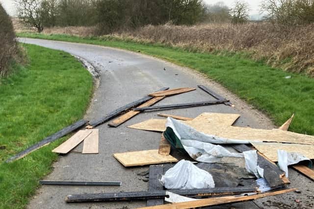 The building waste dumped in a farm road in Thwing in March 2024.