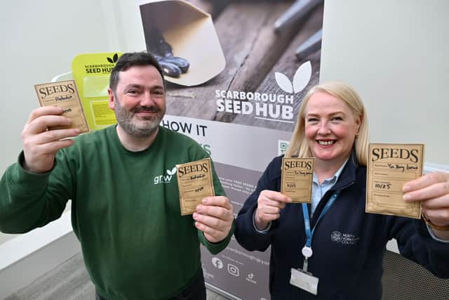 Darren Mancrief, founder and co-chairman of GROW Scarborough, with Scarborough library supervisor, Deirdre Antonescu. A seed hub has been operating from the library since May 2024.