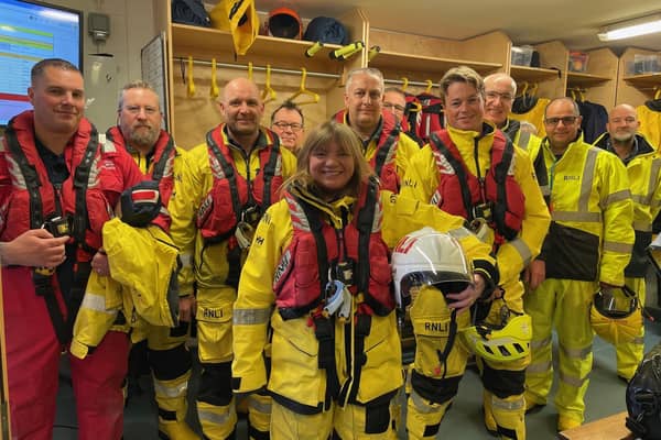 Before launching Scarborough's Shannon lifeboat The Rev Canon Kate Bottley donned RNLI crew kit in the dry room. Image: RNLI/Beth Robson