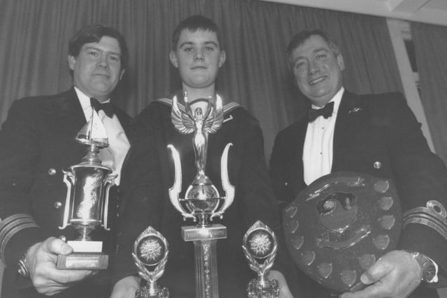 Pictured at the Filey Sea Cadets Mess Dinner held at the White Lodge Hotel in Filey in February, 1996, are, left to right, Commander J Powis (Royal Navy), Sea Cadet of the Year Able Seaman Jonathan Taylor, and Lt Commander C Ware (Royal Navy). 
