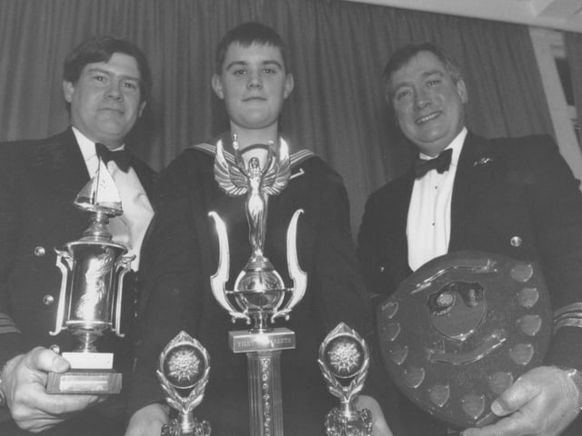 Pictured at the Filey Sea Cadets Mess Dinner held at the White Lodge Hotel in Filey in February, 1996, are, left to right, Commander J Powis (Royal Navy), Sea Cadet of the Year Able Seaman Jonathan Taylor, and Lt Commander C Ware (Royal Navy).