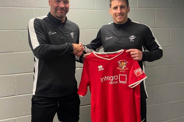 New Bridlington Town assistant manager Denny Ingram and new signing, striker Michael Coulson.