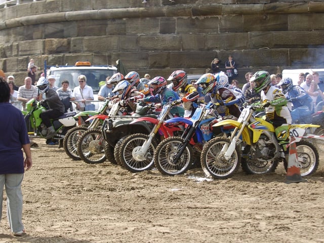 At Whitby Regatta, the motorcycle gymkhana and races get underway on the beach.