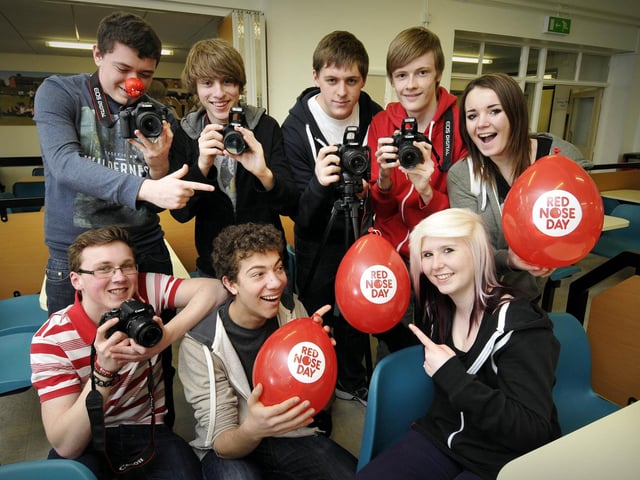 Norton College 6th form media students who filmed their school's Harlem shake dance for Red Nose Day. 131157e, Photo by Andrew Higgins