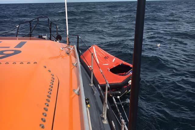 The orange life raft recovered by Whitby RNLI - Image:RNLI
