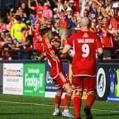 Lewis Maloney celebrating the crucial second goal for Boro in their 2-1 home win against Brackley Town on Saturday. PHOTOS BY ZACH FORSTER