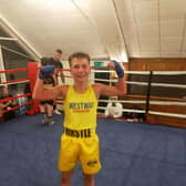 Westway Boxing Club's Preston Hirstle celebrates his win at Brighouse.