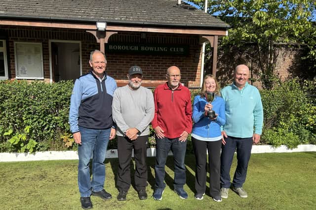 From left, Borough Doubles runners-up, Richard Jackson & Gary Thornton, Borough President Shaughan Temple, and Borough Doubles winners Caroline Watson & Barrie Watson.