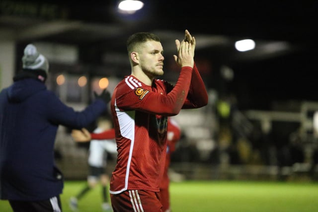 Boro defender Bailey Gooda applauds the travelling Seadogs at Spennymoor Town.