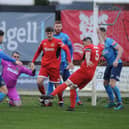 James Williamson trying to get a shot at goal from a Bridlington Town corner. PHOTOS BY DOM TAYLOR