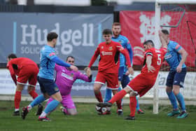 James Williamson trying to get a shot at goal from a Bridlington Town corner. PHOTOS BY DOM TAYLOR