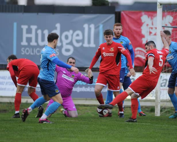 James Williamson trying to get a shot at goal from a Bridlington Town corner. PHOTOS BY DOM TAYLOR