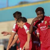 Destiny Nnenanya celebrates putting Brid Town ahead against Morpeth Town. Photo by Rhys O'Callaghan