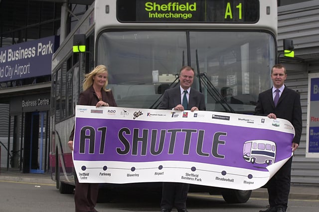 MP Clive Betts, centre, helped to launch the new A1 bus service at Sheffield Airport, with transport executive travel manager Debbie Owen and director of passenger services David Brown in 2003