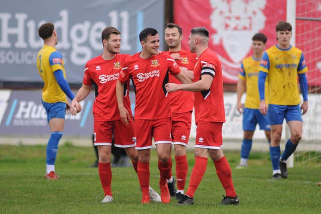 Jack Walters celebrates a goal for Brid Town earlier this season against Stocksbridge. Walters has joined Ferriby but has been hit by injury recently.