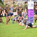 Winger Jed Jackson goes over for one of his hat-trick of tries against Harrogate. Photo Andy Nelson