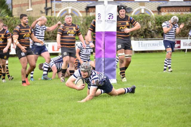Winger Jed Jackson goes over for one of his hat-trick of tries against Harrogate. Photo Andy Nelson