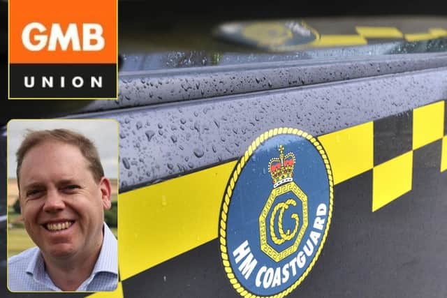 Bridlington MP Charlie Dewhirst (inset); the GMB Union logo (top) and the HM Coastguard logo.
